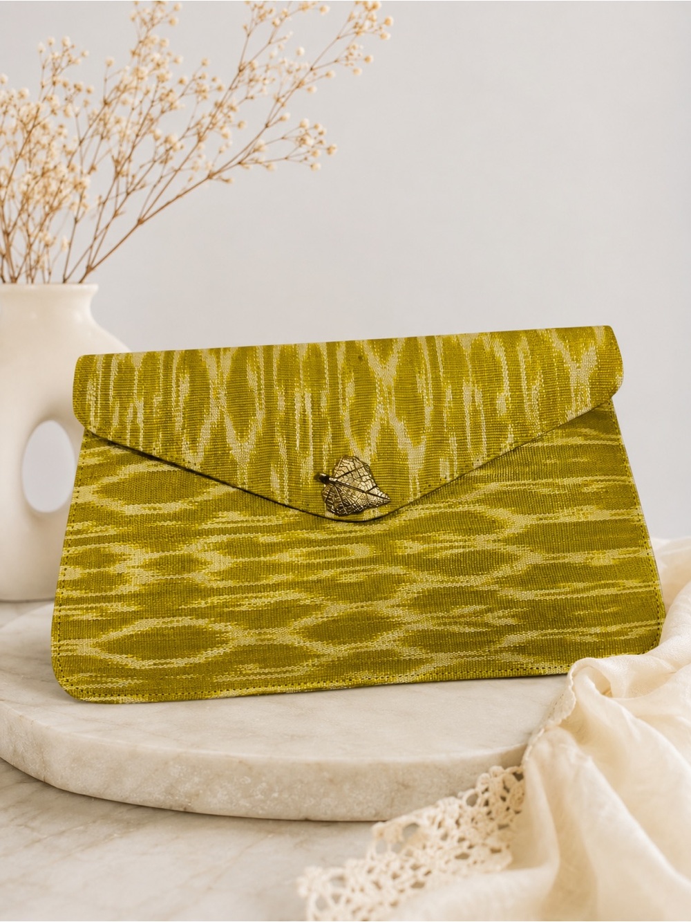 Yellow Green Ikat Fabric Clutch Purse Leaf Charm Envelope Handbag Ikat T’nalak
